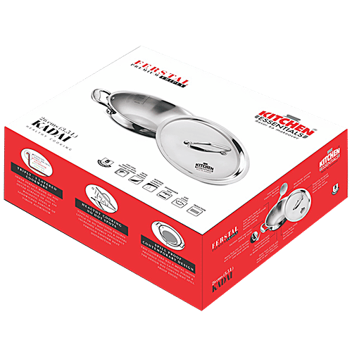 Kitchen Essentials Tri Ply Stainless Steel Kadai - 3 Layer, With Induction Base & Lid, 26 cm, 3.5 L