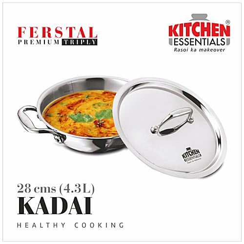 Buy Kitchen Essentials Triply Stainless Steel Kadai With Glass Lid, 28 cm Online at Best Price