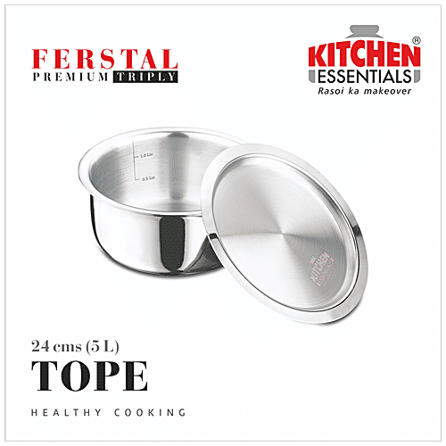 Kitchen Essentials Triply Stainless Steel Patila/Tope - With Steel Lid, 24 cm, 5 L  