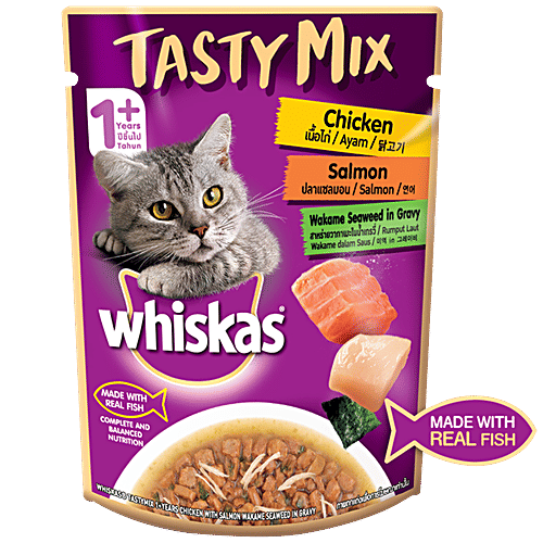 Whiskas Tasty Mix Wet Cat Food - Chicken With Salmon Wakame Seaweed In Gravy, +1 Year, 70 g (Pack of 24)
