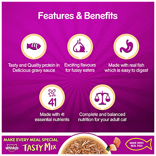 Whiskas Tasty Mix Wet Cat Food - Chicken With Salmon Wakame Seaweed In Gravy, +1 Year, 70 g (Pack of 24)