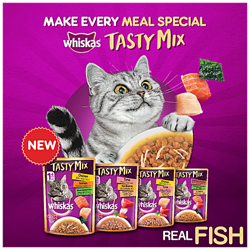 Whiskas Tasty Mix Wet Cat Food - Chicken With Salmon Wakame Seaweed In Gravy, +1 Year, 70 g (Pack of 24)