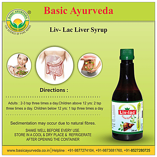 Basic Ayurveda Liv- Lac Liver Syrup - Improves Appetite,  Effective for Fatty Liver, 200 ml  
