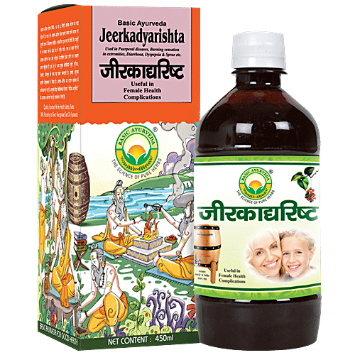 Basic Ayurveda Jeerkadyarishta Syrup - Improves Digestive System, Fever & Infections, 450 ml