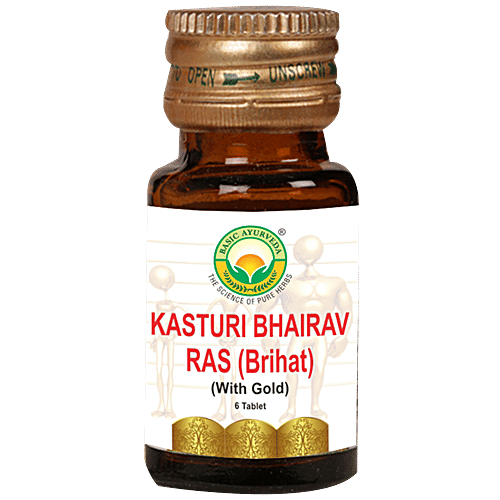 Basic Ayurveda Brihat Kasturi Bhairav Ras Tablets - Relieves Chronic Fever, Malaria, Cough & Cold, 6 pcs  