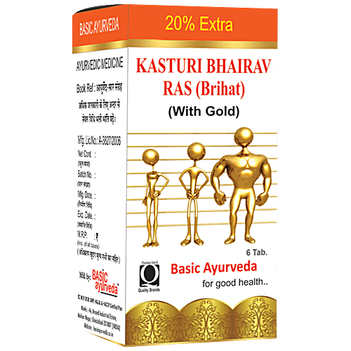 Basic Ayurveda Brihat Kasturi Bhairav Ras Tablets - Relieves Chronic Fever, Malaria, Cough & Cold, 6 pcs  