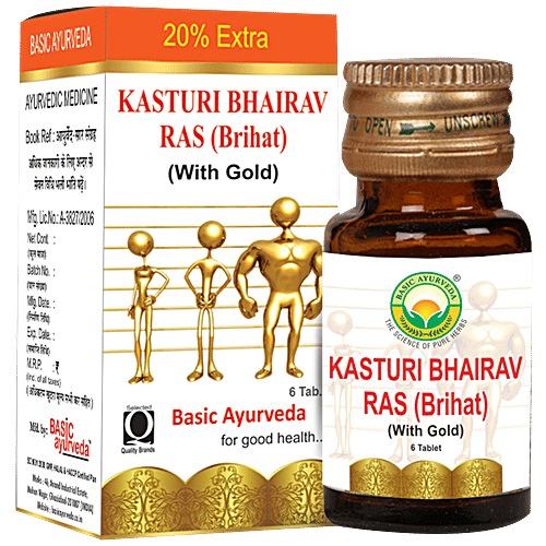 Basic Ayurveda Brihat Kasturi Bhairav Ras Tablets - Relieves Chronic Fever, Malaria, Cough & Cold, 6 pcs  