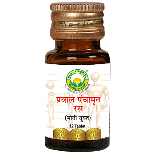Basic Ayurveda Prawal Panchamrit Ras Tablets - Treats Bloating, Gastritis, Spleen Issues, 12 pcs  