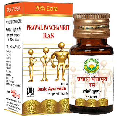 Basic Ayurveda Prawal Panchamrit Ras Tablets - Treats Bloating, Gastritis, Spleen Issues, 12 pcs  
