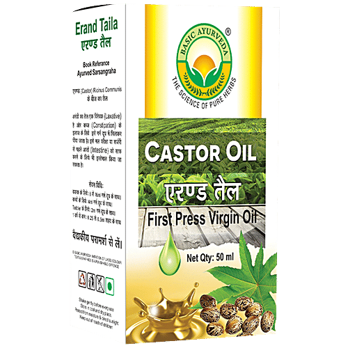 Basic Ayurveda Virgin Castor Oil - First Press, Relieves Constipation, Skin Health Use, 50 ml  