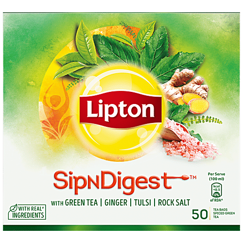 Lipton SipNDigest - With Green Tea, Ginger, Tulsi & Rock Salt, Spiced Green Tea Bags, 90 g (50 Bags x 1.8 g Each) 