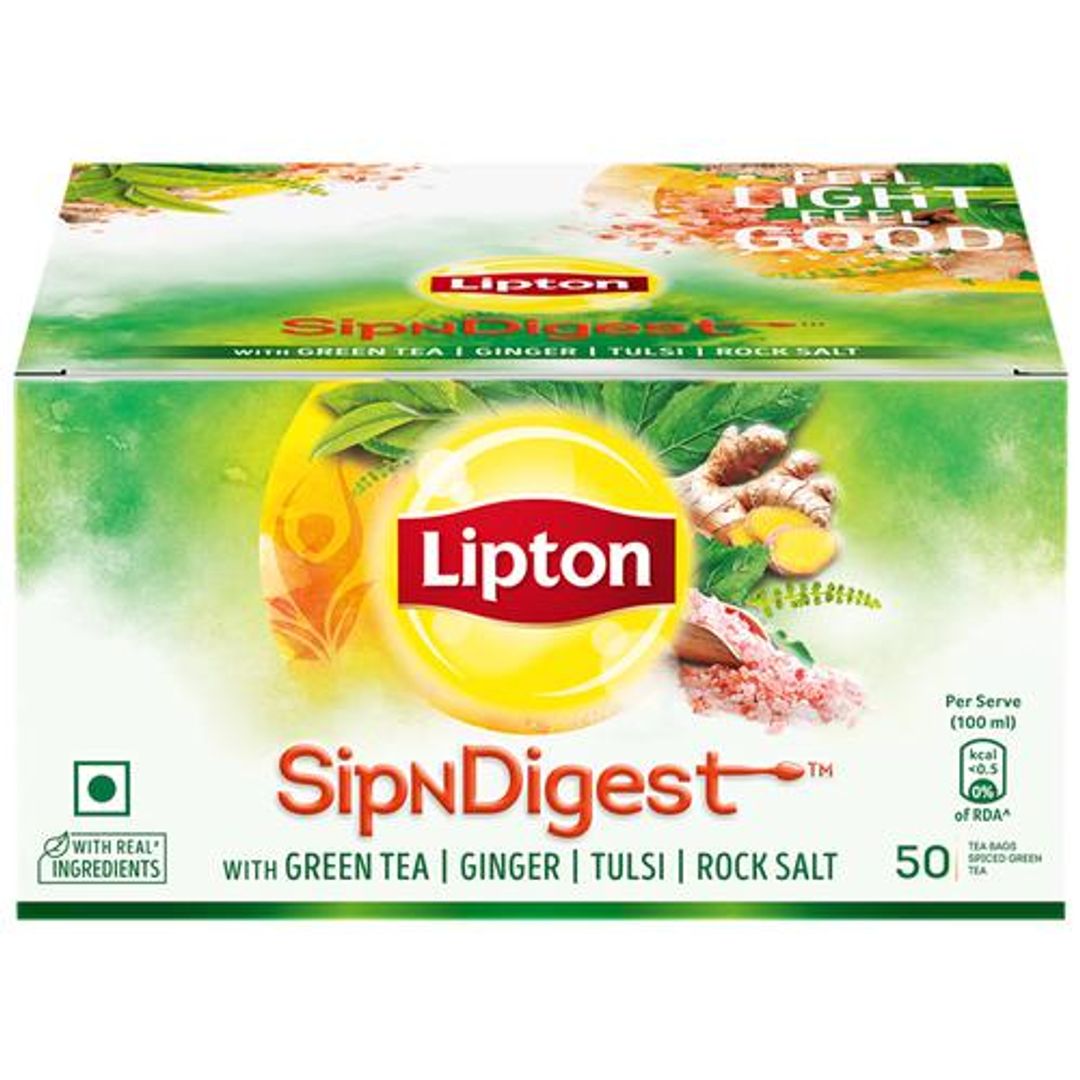 Lipton SipNDigest - With Green Tea, Ginger, Tulsi & Rock Salt, Spiced Green Tea Bags, 50 pcs (50 Bags x 1.8 g Each)