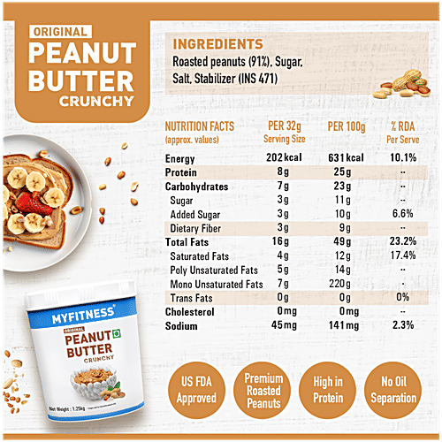Myfitness Original Peanut Butter - Crunchy, 1.25 Kg  High in Protein
 No Oil Separation
 Healthy & Tasty
 Premium Roasted Peanuts