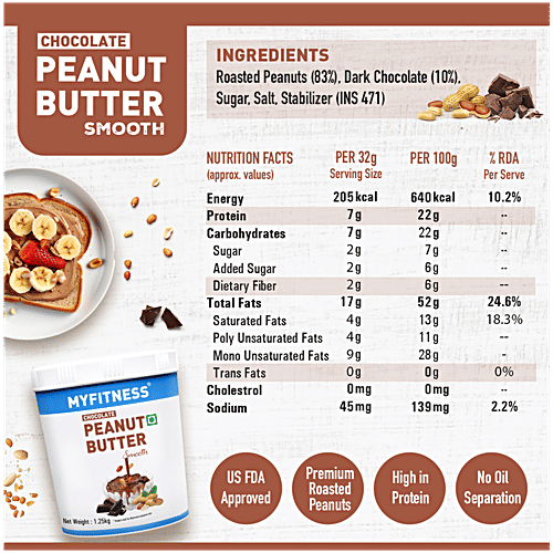 Myfitness Chocolate Peanut Butter - Smooth, 1.25 Kg  High in Protein
 No Oil Separation
 Healthy & Tasty
 Premium Roasted Peanuts