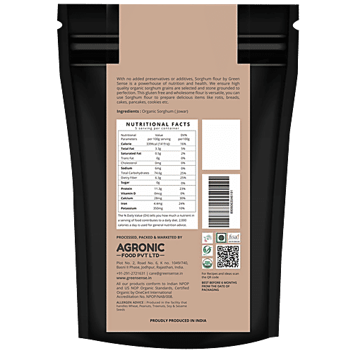 Green Sense Organic Sorghum Flour/Jowar Atta, 500 g