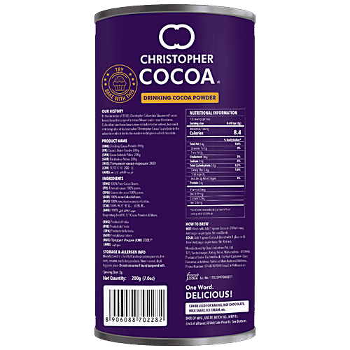 Christopher Cocoa Original Drinking Chocolate Cocoa Powder - Dark No Sugar, 200 g  Pure Keto
 No Sugar Cocoa
 Vegan Immunity Boost