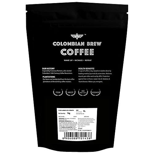 Colombian Brew Coffee 80-20 Arabica Robusta Roasted Coffee Beans, 1 kg  Wake Up
 Kickass
 Repeat