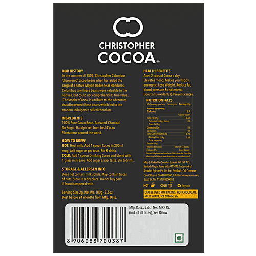 Christopher Cocoa Activated Charcoal Dark Cocoa - Black, Unsweetened, Baking Use, For Cake, Hot Chocolate, Drinking Shakes, 100 g