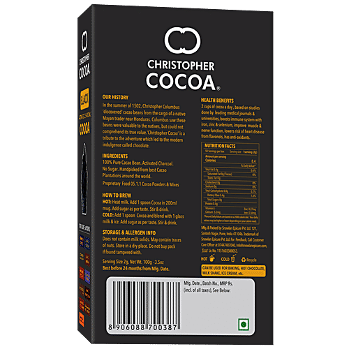 Christopher Cocoa Activated Charcoal Dark Cocoa - Black, Unsweetened, Baking Use, For Cake, Hot Chocolate, Drinking Shakes, 100 g