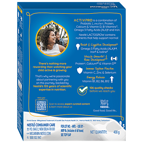 Nestle Lactogrow Biscuity & Vanilla Flavour Nutritious Milk Drink Powder - 2-6 Years, 400 g Source of Protein/Calcium & Vitamin D, Omega 3 & Iron, B Vitamins & Probiotic L. reuteri