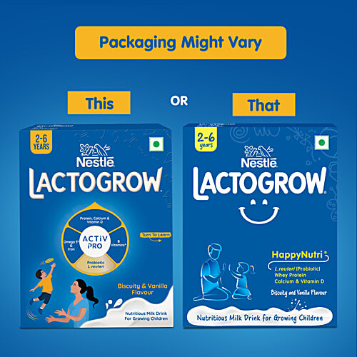 Nestle Lactogrow Biscuity & Vanilla Flavour Nutritious Milk Drink Powder - 2-6 Years, 400 g Source of Protein/Calcium & Vitamin D, Omega 3 & Iron, B Vitamins & Probiotic L. reuteri