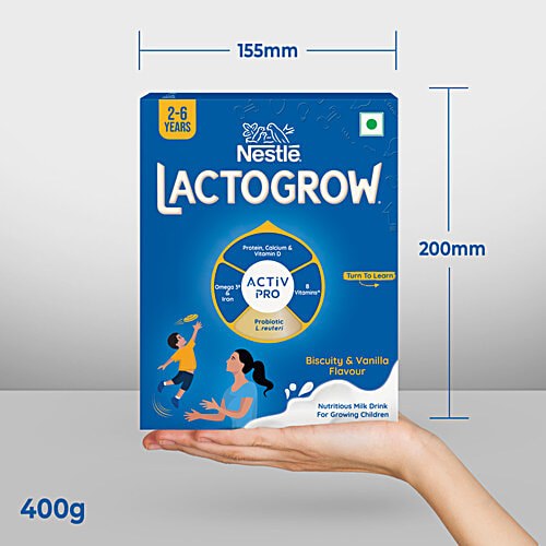 Nestle Lactogrow Biscuity & Vanilla Flavour Nutritious Milk Drink Powder - 2-6 Years, 400 g Source of Protein/Calcium & Vitamin D, Omega 3 & Iron, B Vitamins & Probiotic L. reuteri