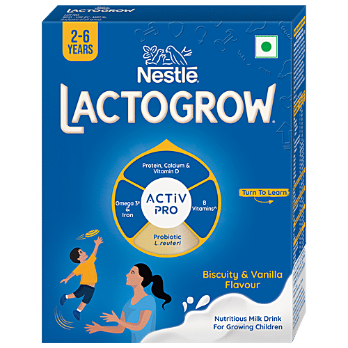 Nestle Lactogrow Biscuity & Vanilla Flavour Nutritious Milk Drink Powder - 2-6 Years, 400 g Source of Protein/Calcium & Vitamin D, Omega 3 & Iron, B Vitamins & Probiotic L. reuteri