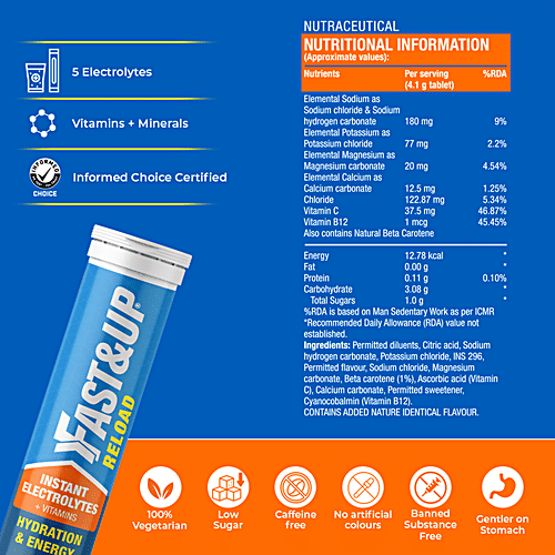 Fast&Up Reload Electrolyte Energy & Hydration Drink - Effervescent Tablets - Orange Flavour, 20 pcs