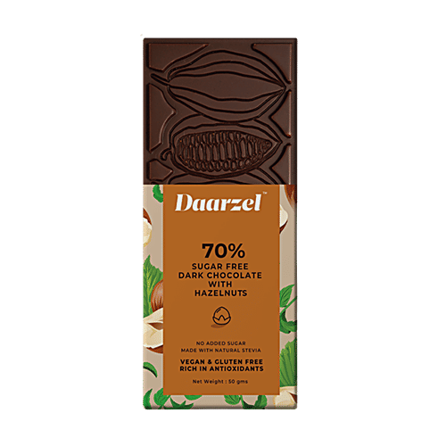 Daarzel Zero Sugar 70% Cocoa Dark Chocolate With Hazelnuts - Sugar-free, Vegan, Gluten-free, 50 g  