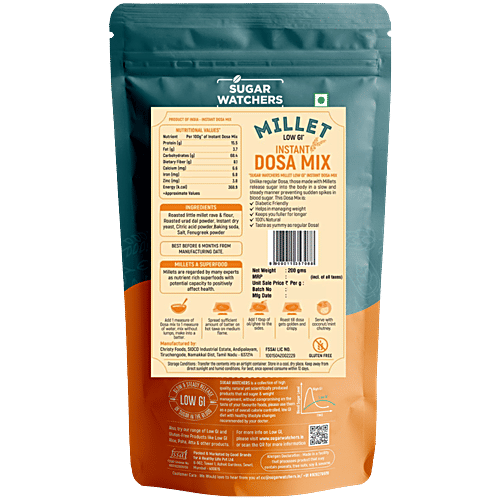 Sugar Watchers Millet Low GI Instant Dosa Mix | Diabetic Friendly | Gluten Free, 200 g  