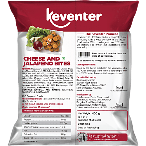 Keventer Ready To Cook Frozen Snack - Cheese & Jalapeno Bites, 400 g  