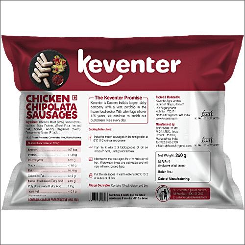 Keventer Ready To Cook Frozen Snack -  Chicken Chipolata Sausages, 250 g  