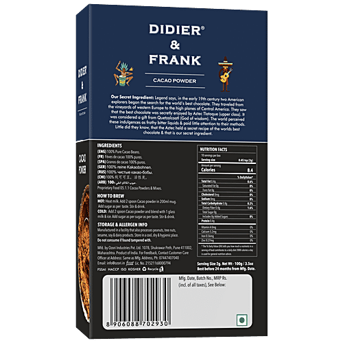 Didier & Frank Pure Cacao Powder - Unsweetened, Dark, 100 g Vegan