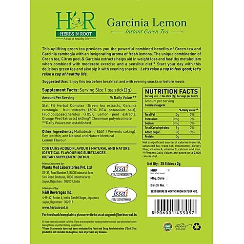 Herbs N Root Garcinia Lemon Instant Green Tea - Lemon Flavour, Great For Weight Loss, Natural Extracts, 50 g (25 Sticks x 2 g)