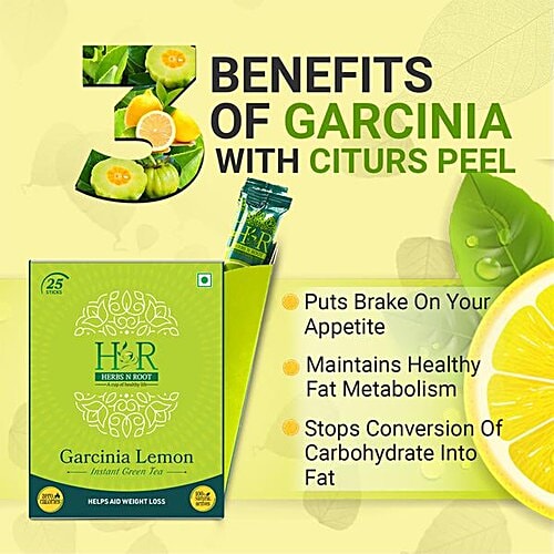 Herbs N Root Garcinia Lemon Instant Green Tea - Lemon Flavour, Great For Weight Loss, Natural Extracts, 50 g (25 Sticks x 2 g)