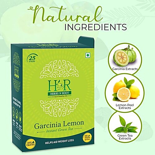 Herbs N Root Garcinia Lemon Instant Green Tea - Lemon Flavour, Great For Weight Loss, Natural Extracts, 50 g (25 Sticks x 2 g)