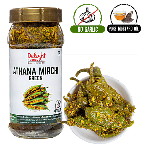 Delight Foods Athana Mirchi Green - Marwari Stuffed Chilli Pickle, 250 g  