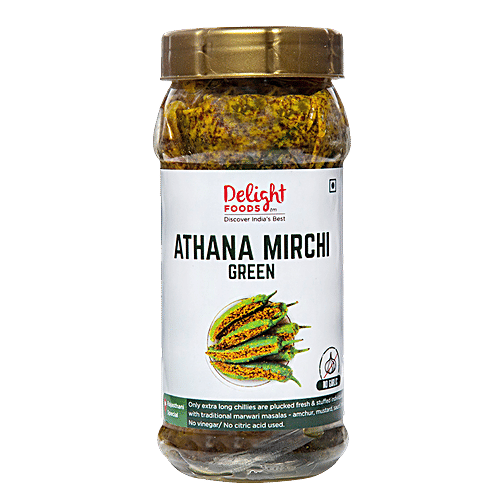 Delight Foods Athana Mirchi Green - Marwari Stuffed Chilli Pickle, 250 g  
