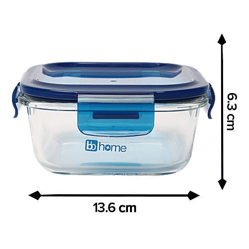 bb home Glass Seal & Lock Lunch Box/Storage Borosilicate Container - Square, Blue, 520 ml  