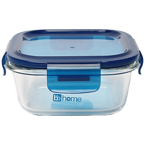 bb home Glass Seal & Lock Lunch Box/Storage Borosilicate Container - Square, Blue, 520 ml  