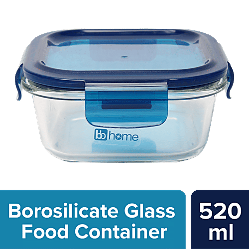 bb home Glass Seal & Lock Lunch Box/Storage Borosilicate Container - Square, Blue, 520 ml  