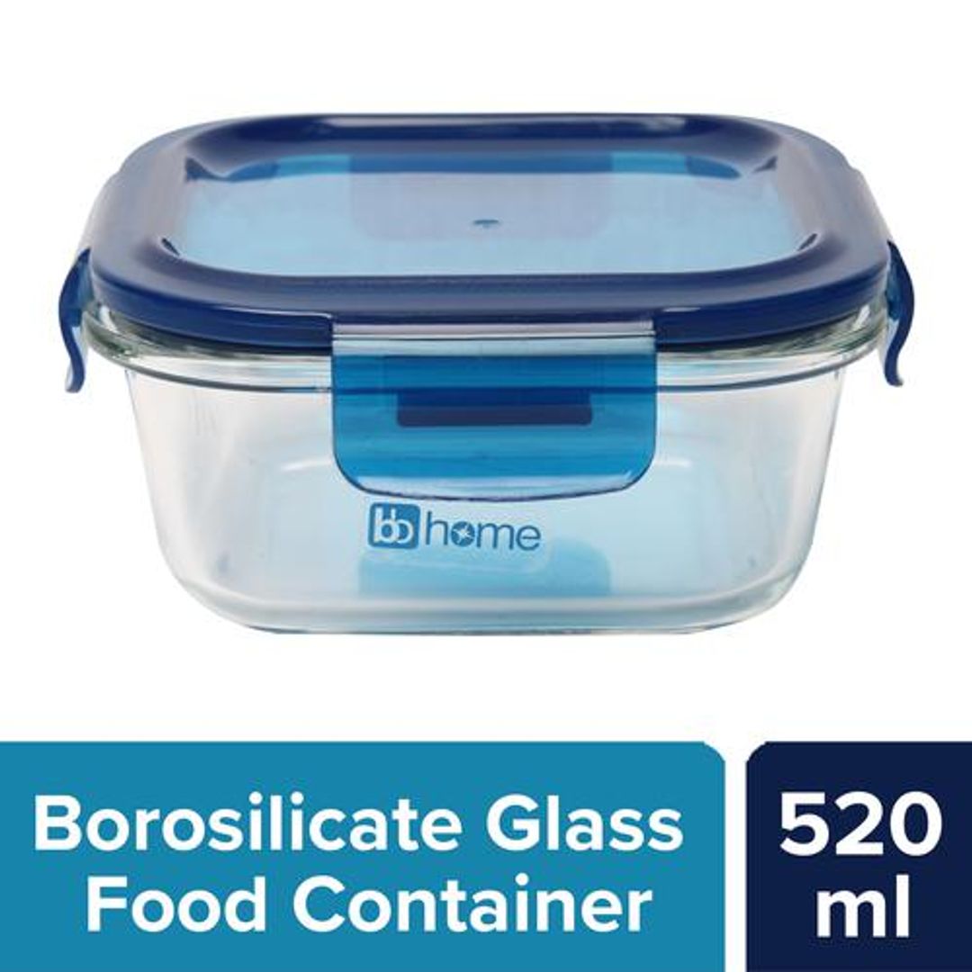 BB Home Glass Seal & Lock Lunch Box/Storage Borosilicate Container - Square, Blue, 520 ml 