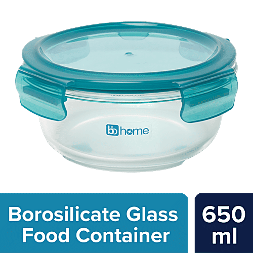 bb home Glass Seal & Lock Lunch Box/Storage Borosilicate Container - Round, Green, 650 ml  