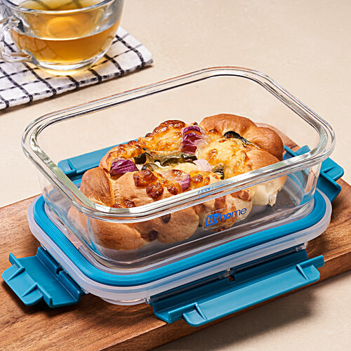 bb home Glass Lunch Box/Storage Borosilicate Container With Leak-Proof Lid - Rectangular, Green, 640 ml