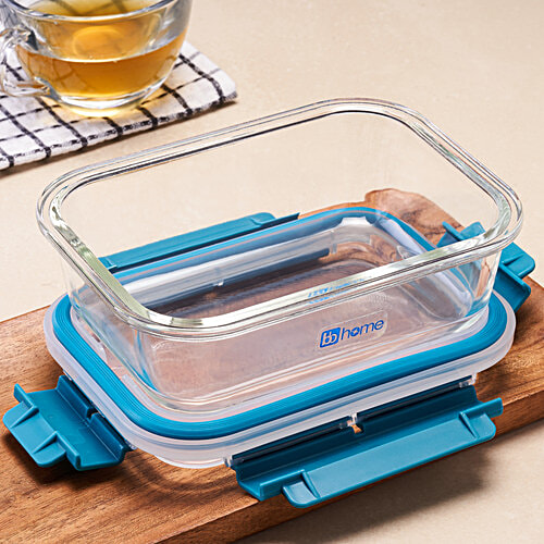 bb home Glass Lunch Box/Storage Borosilicate Container With Leak-Proof Lid - Rectangular, Green, 640 ml