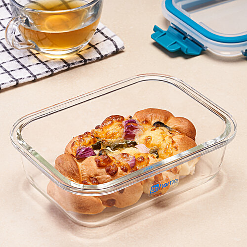 bb home Glass Lunch Box/Storage Borosilicate Container With Leak-Proof Lid - Rectangular, Green, 640 ml