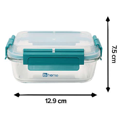 bb home Glass Lunch Box/Storage Borosilicate Container With Leak-Proof Lid - Rectangular, Green, 640 ml