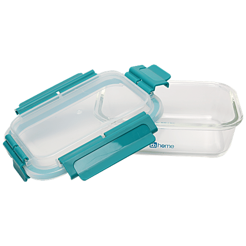 bb home Glass Lunch Box/Storage Borosilicate Container With Leak-Proof Lid - Rectangular, Green, 640 ml