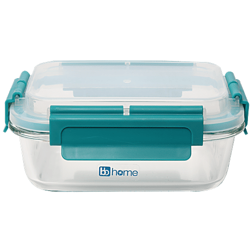 bb home Glass Lunch Box/Storage Borosilicate Container With Leak-Proof Lid - Rectangular, Green, 640 ml