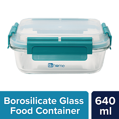 bb home Glass Lunch Box/Storage Borosilicate Container With Leak-Proof Lid - Rectangular, Green, 640 ml